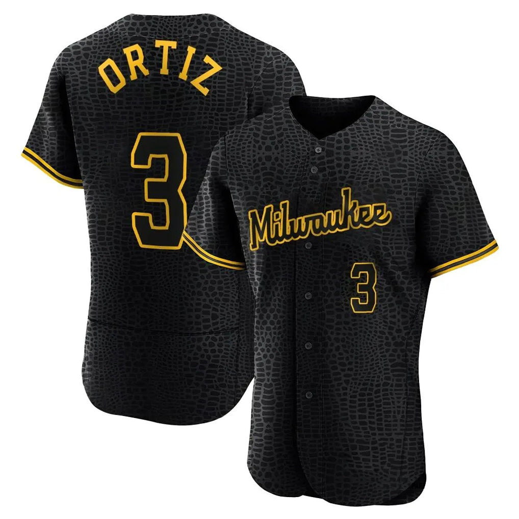 Blackjersey M.Brewers #3 Joey Ortiz Player Black Snake Skin City Home Limited Elite Stitched Jerseys