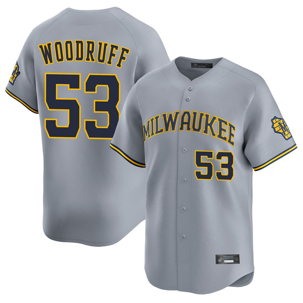 Blackjersey M.Brewers #53 Brandon Woodruff Player Gray Home Limited Stitched Jerseys