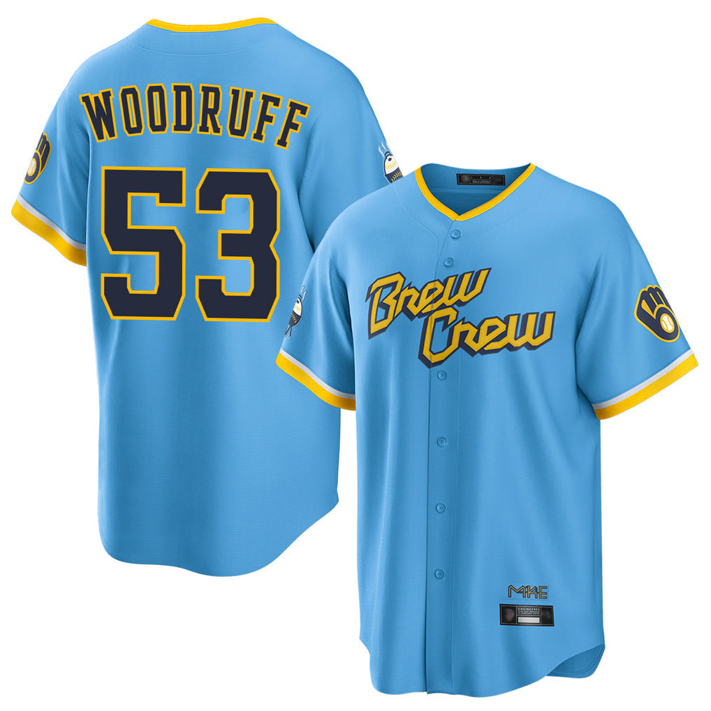 Blackjersey M.Brewers #53 Brandon Woodruff Player Light Blue City Connect Home Game Stitched Jerseys