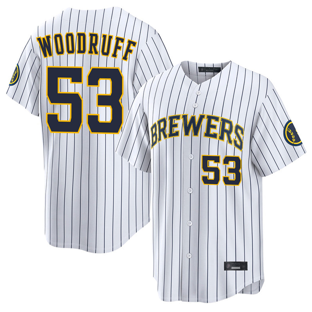 Blackjersey M.Brewers #53 Brandon Woodruff Player White Stripes Home Limited Game Stitched Jerseys