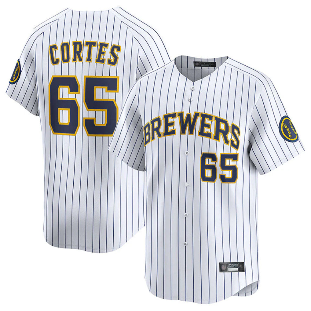 Blackjersey M.Brewers #65 Nestor Cortes Player White Stripes Home Limited Game Stitched Jerseys