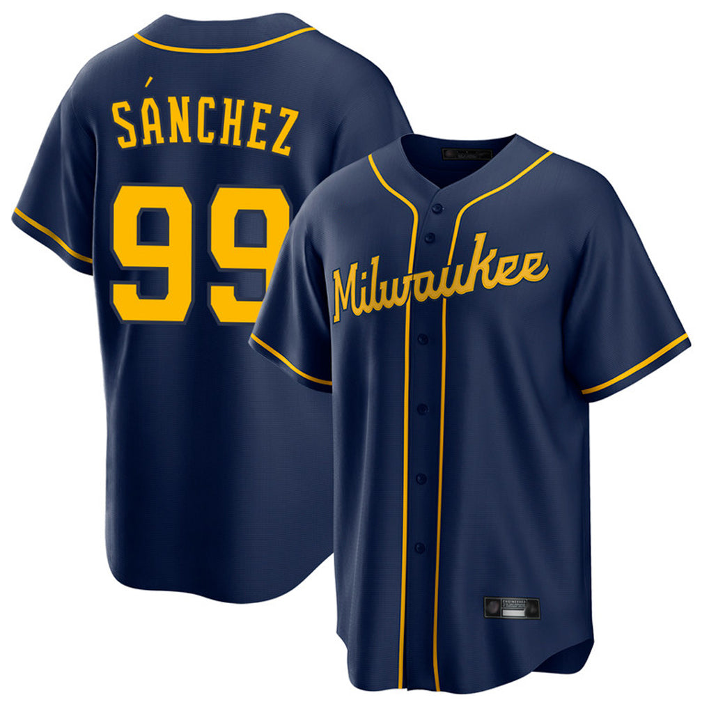 Blackjersey M.Brewers #99 Gary Sanchez Player Navy Home Game Stitched Jerseys