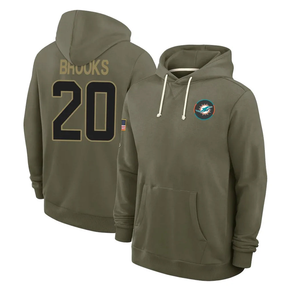 Blackjersey M.Dolphins #20 Jordyn Brooks Player Olive Salute to Service Pullover Hoodies Limited Stitched Jerseys