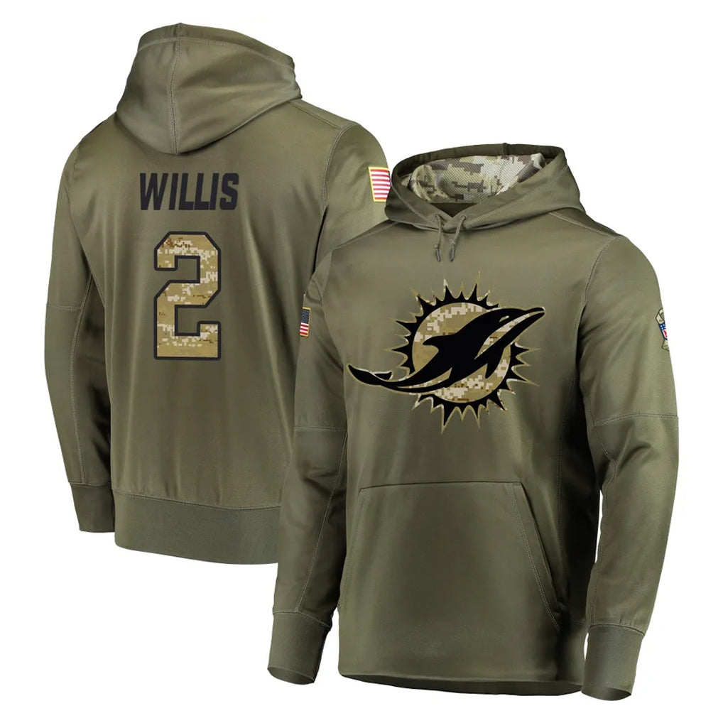 Blackjersey M.Dolphins #2 Malik Willis Player Olive Salute to Service Pullover Hoodies Home Game Stitched Jerseys