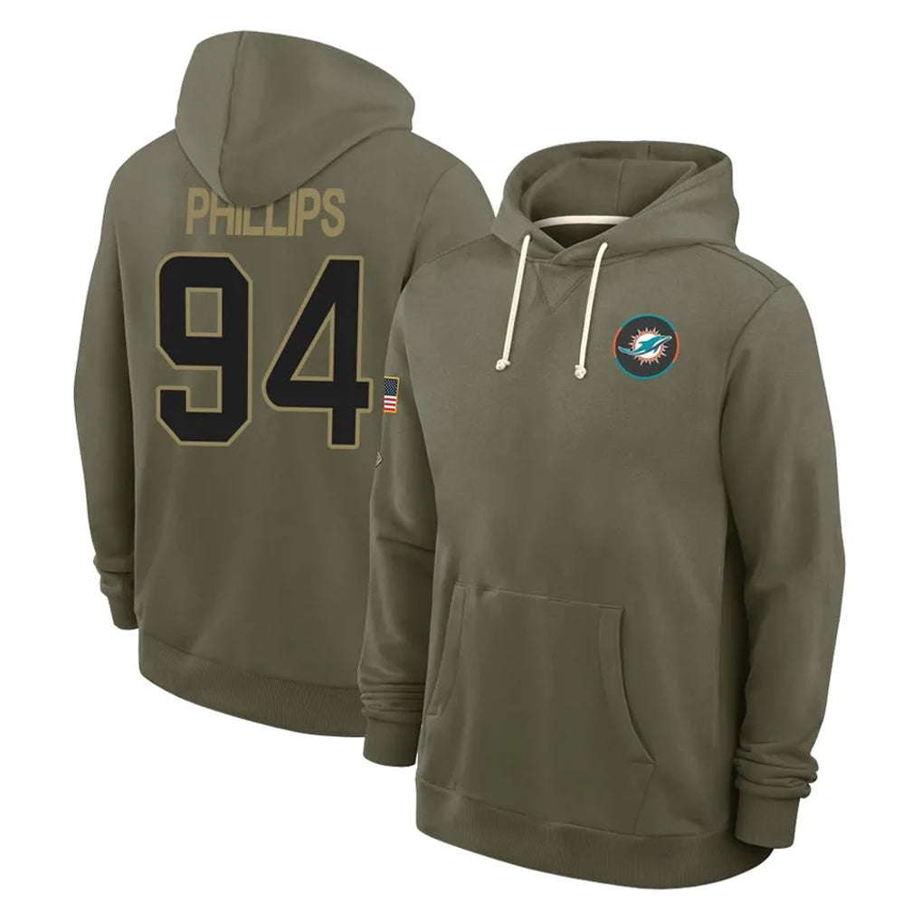 Blackjersey M.Dolphins #94 Jordan Phillips Player Olive Salute to Service Pullover Hoodies Limited Stitched Jerseys