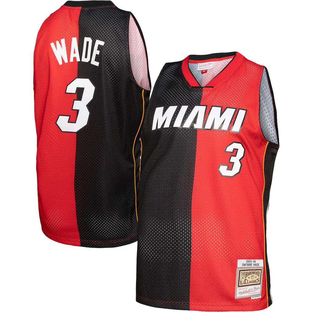 Blackjersey M.Heat #3 Dwayne Wade Mitchell & Ness BlackRed Big & Tall Hardwood Classics 200506 Split Swingman Jerseys