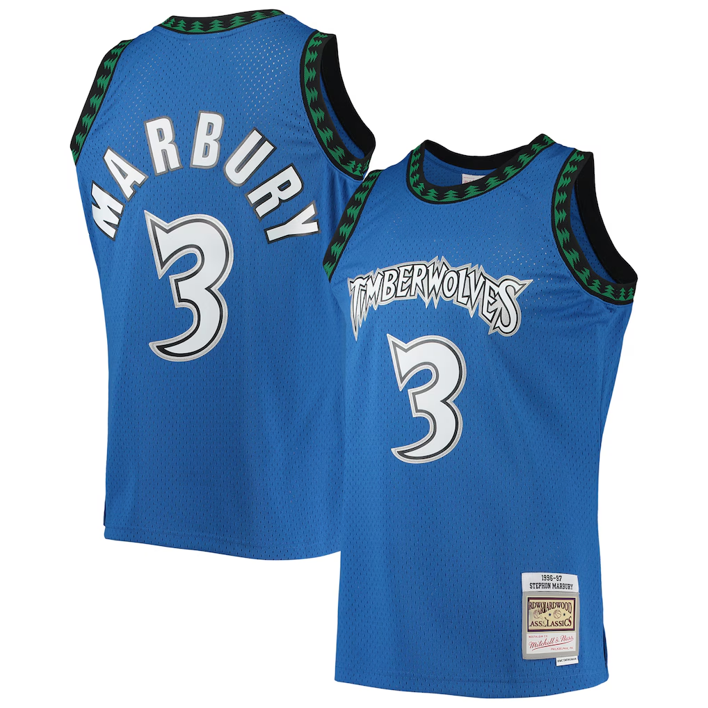 Blackjersey M.Timberwolves #3 Stephon Marbury Mitchell & Ness Blue 199697 Hardwood Classics Swingman Stitched Jerseys