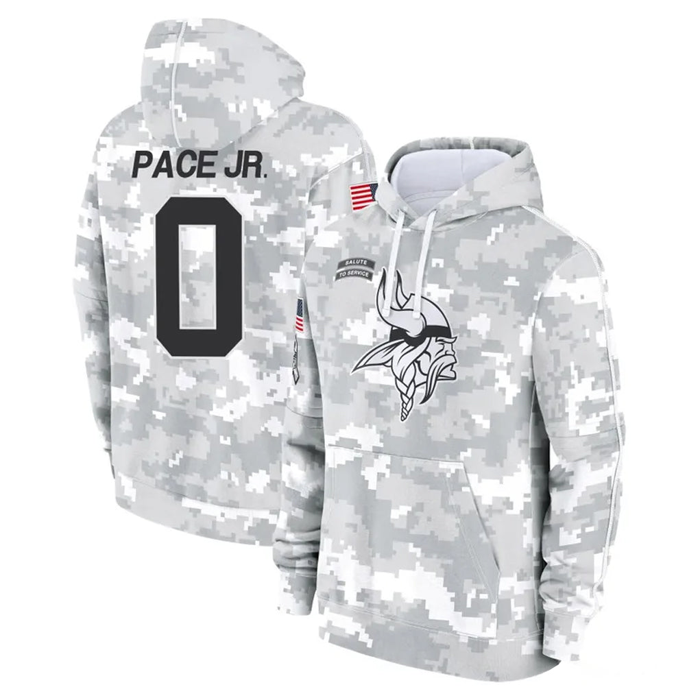 Blackjersey M.Vikings #0 Ivan Pace Jr. Player Arctic Camo Salute to Service Pullover Hoodies Limited Game Stitched Jerseys
