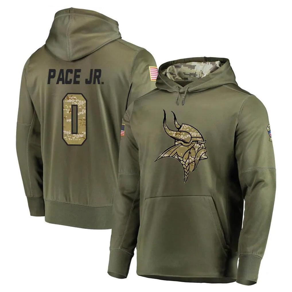 Blackjersey M.Vikings #0 Ivan Pace Jr. Player Olive Salute to Service Pullover Hoodies Home Game Stitched Jerseys