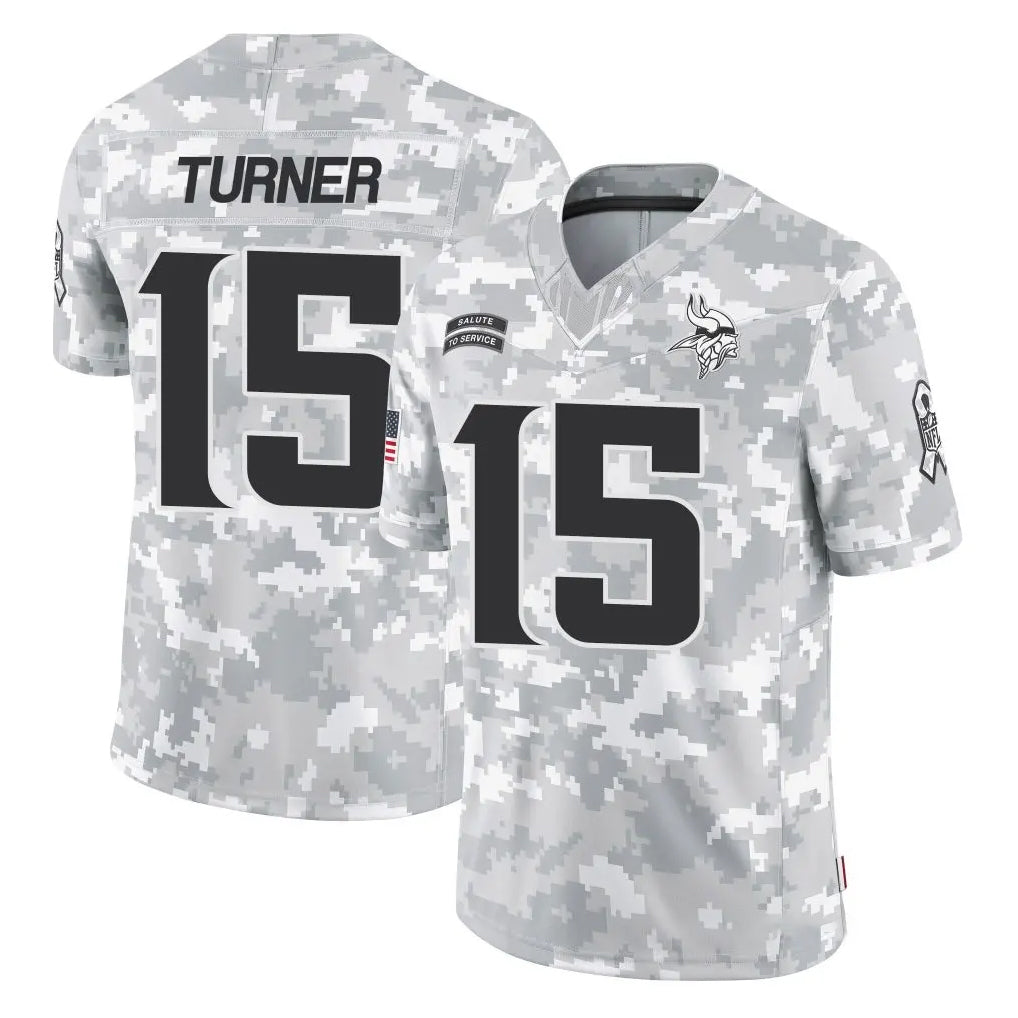 Blackjersey M.Vikings #15 Dallas Turner Player Arctic Camo Salute To Service Limited Game Stitched Jerseys