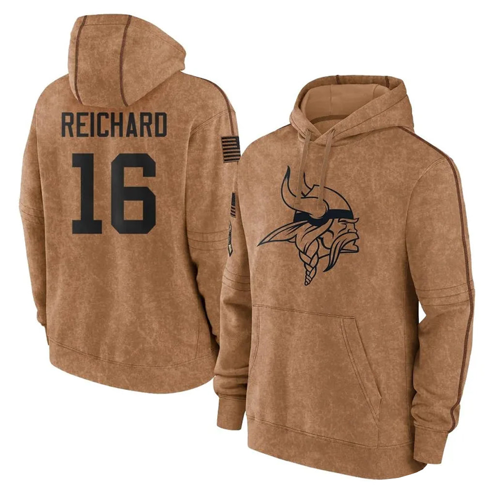 Blackjersey M.Vikings #16 Will Reichard Player Brown Salute to Service Pullover Hoodies Limited Game Stitched Jerseys