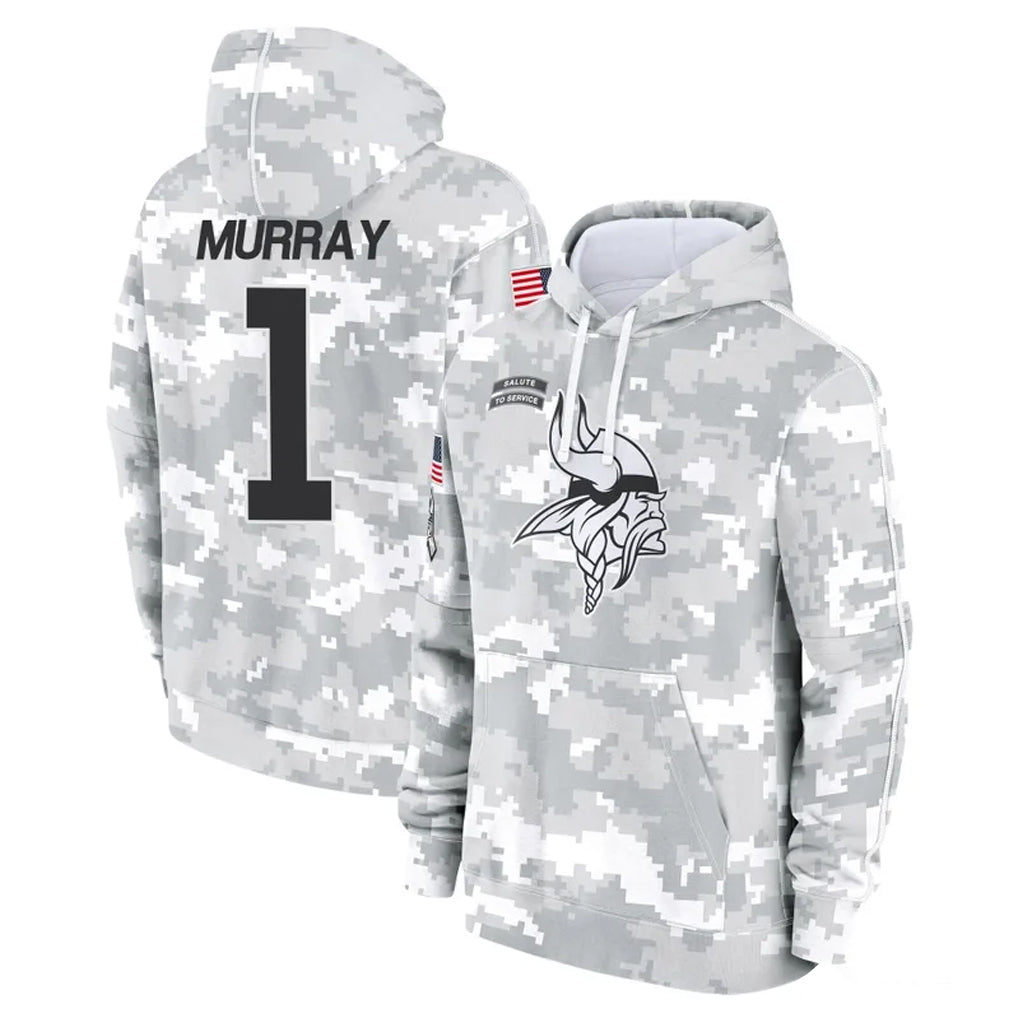 Blackjersey M.Vikings #1 Kyler Murray Player Arctic Camo Salute to Service Pullover Hoodies Limited Game Stitched Jerseys