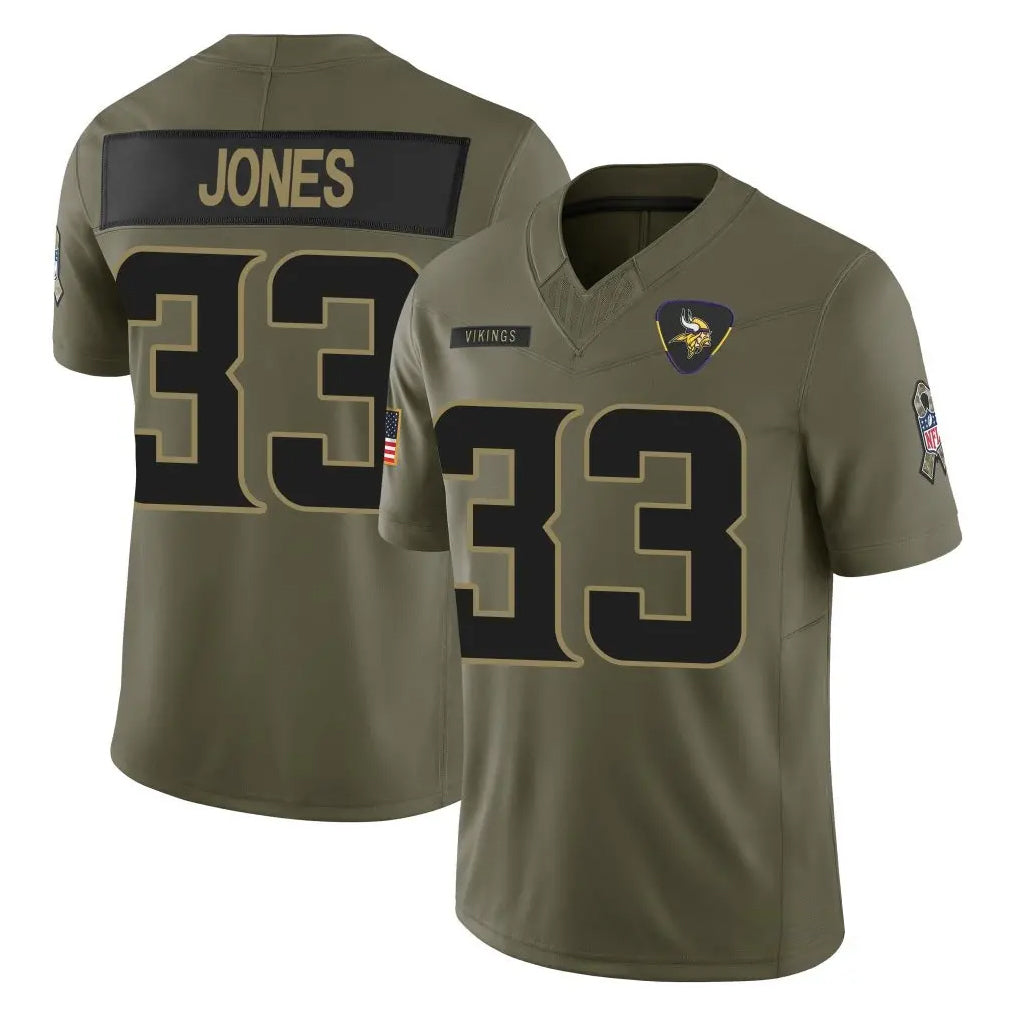 Blackjersey M.Vikings #33 Aaron Jones Sr. Player Olive 2025 Salute To Service Limited Game Stitched Jerseys