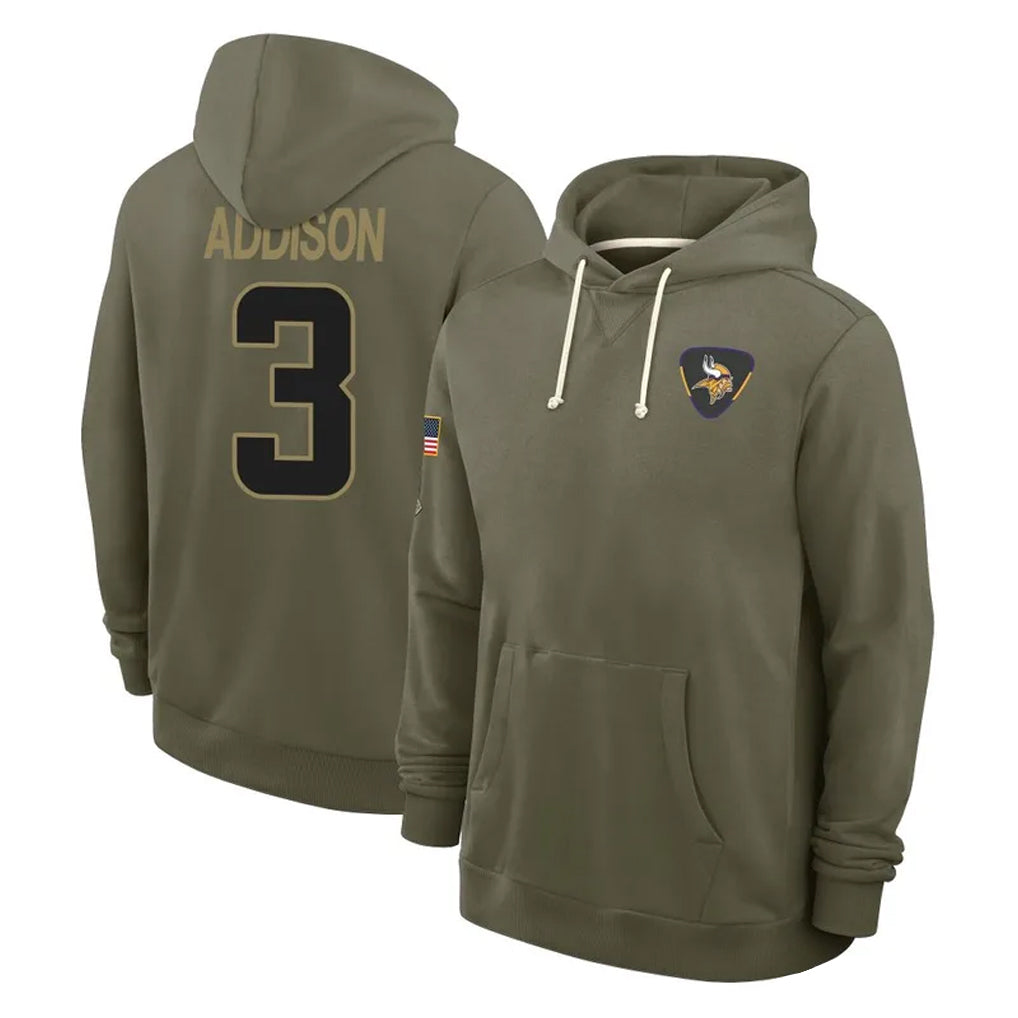 Blackjersey M.Vikings #3 Jordan Addison Player Olive Salute to Service Pullover Hoodies Limited Stitched Jerseys