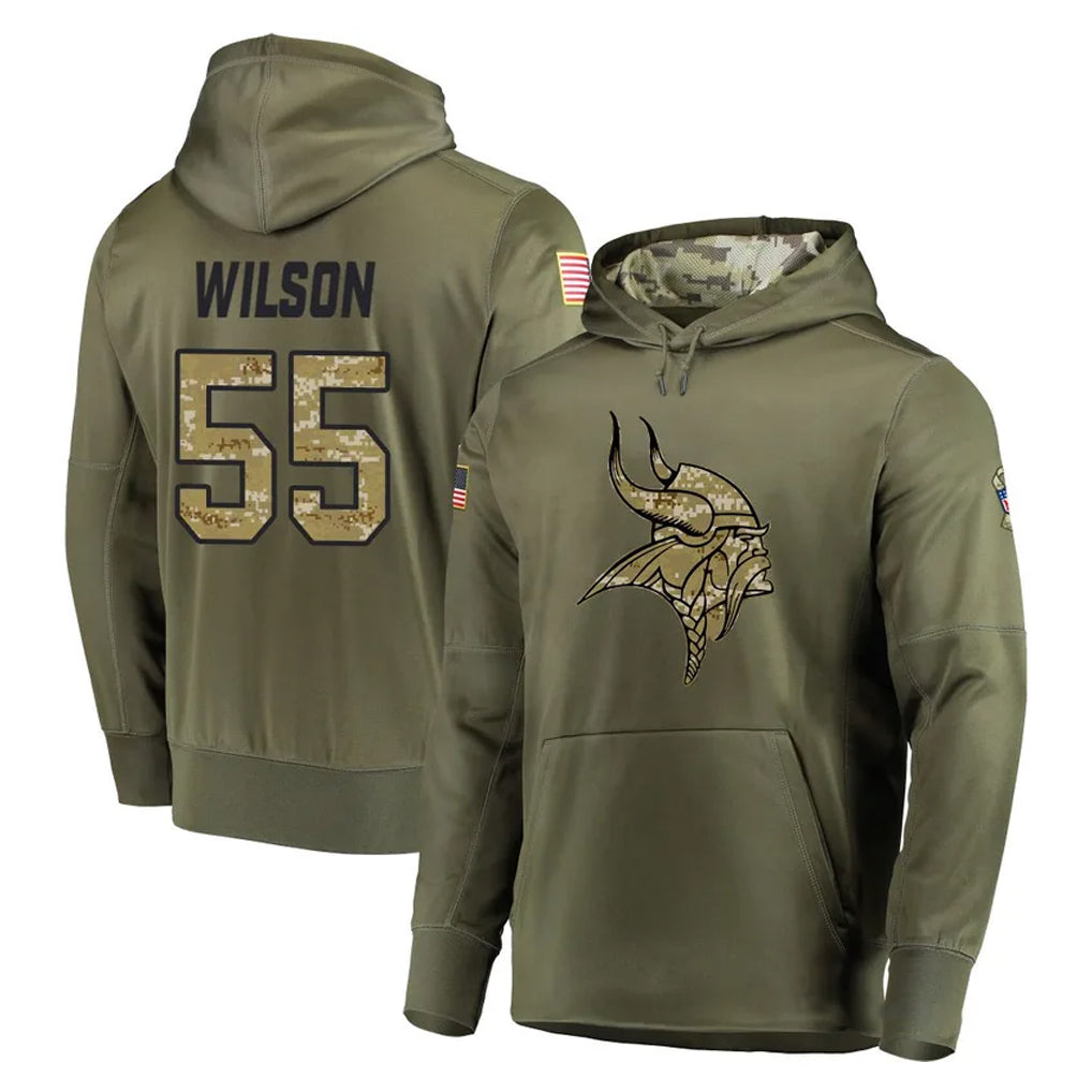Blackjersey M.Vikings #55 Eric Wilson Player Olive Salute to Service Pullover Hoodies Home Game Stitched Jerseys