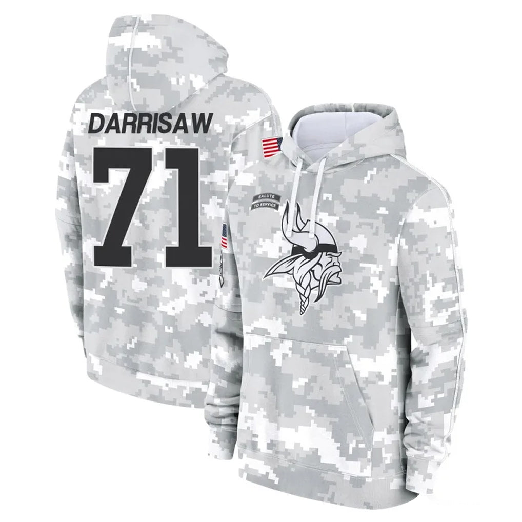 Blackjersey M.Vikings #71 Christian Darrisaw Player Arctic Camo Salute to Service Pullover Hoodies Limited Game Stitched Jerseys