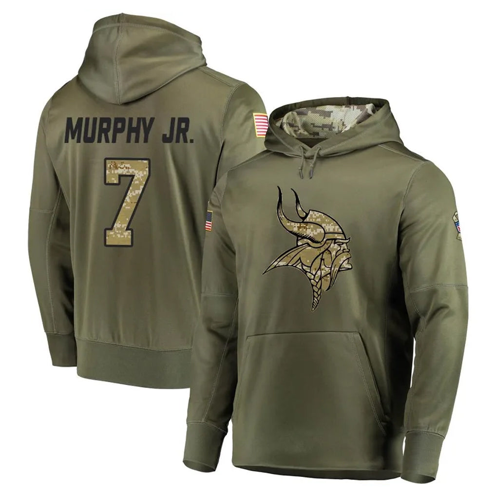 Blackjersey M.Vikings #7 Byron Murphy Jr. Player Olive Salute to Service Pullover Hoodies Home Game Stitched Jerseys