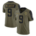 Blackjersey M.Vikings #9 J.J. McCarthy Player Olive Salute To Service Limited Game Stitched Jerseys