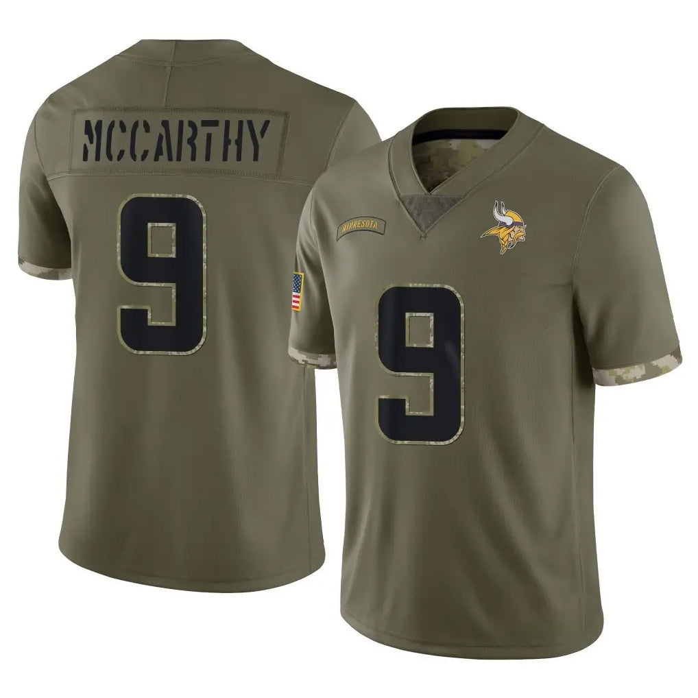 Blackjersey M.Vikings #9 J.J. McCarthy Player Olive Salute To Service Limited Stitched Jerseys
