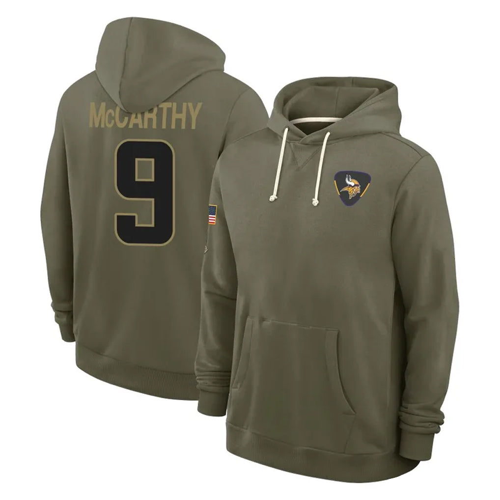 Blackjersey M.Vikings #9 J.J. McCarthy Player Olive Salute to Service Pullover Hoodies Limited Stitched Jerseys