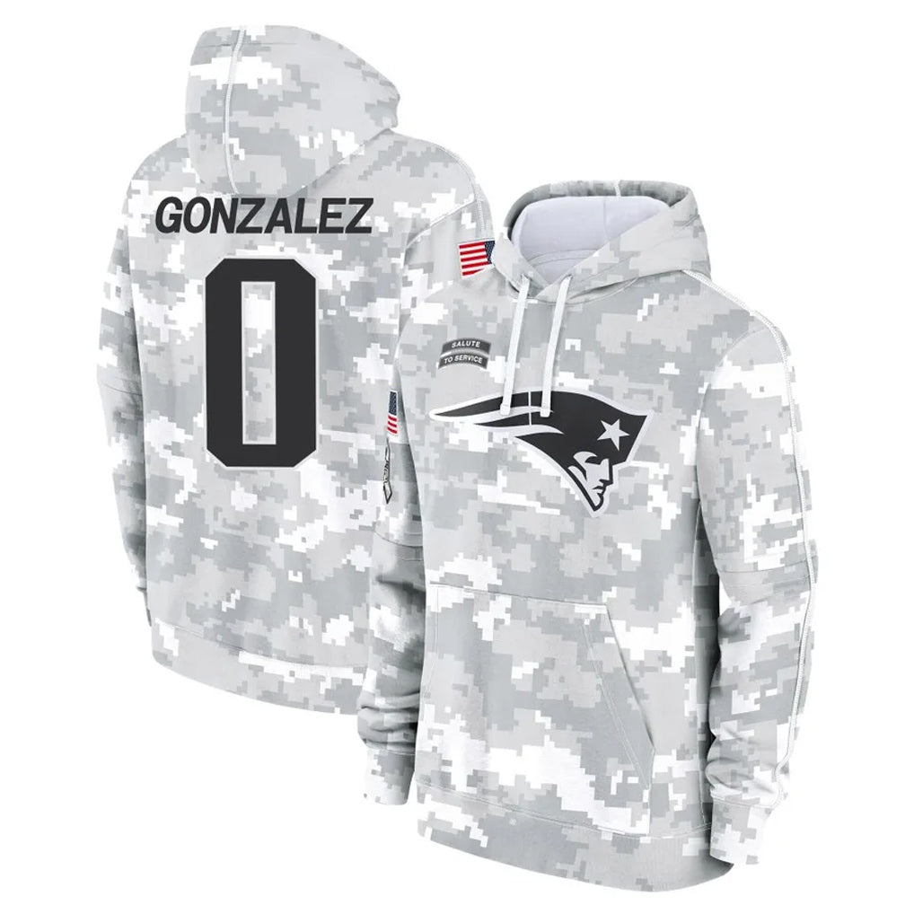 Blackjersey NE.Patriots #0 Christian Gonzalez Player Arctic Camo Salute to Service Pullover Hoodies Limited Game Stitched Jerseys