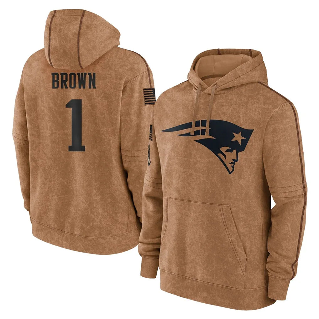 Blackjersey NE.Patriots #1 A.J. Brown Player Brown Salute to Service Pullover Hoodies Limited Game Stitched Jerseys