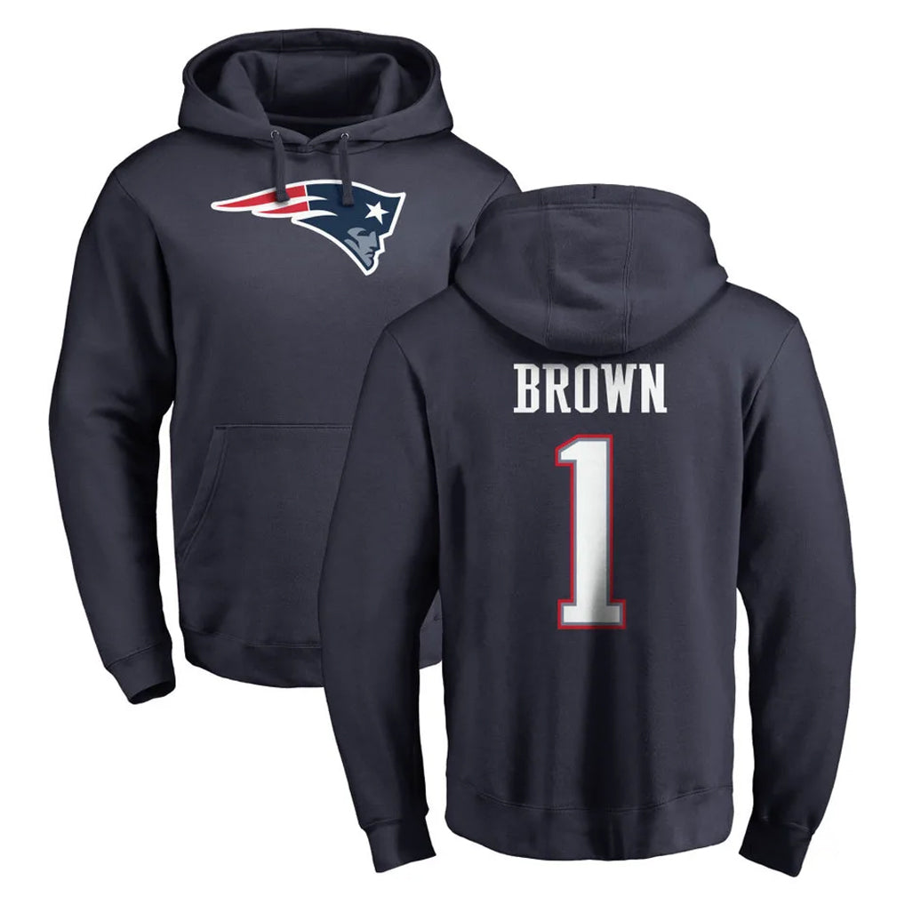 Blackjersey NE.Patriots #1 A.J. Brown Player Navy LOGO Pullover Hoodies Home Game Stitched Jerseys