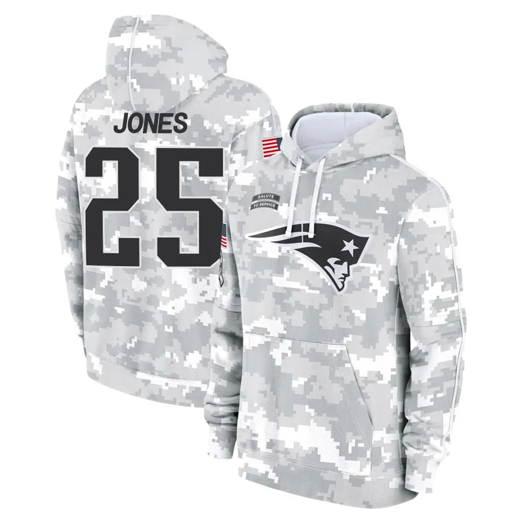 Blackjersey NE.Patriots #25 Marcus Jones Player Arctic Camo Salute to Service Pullover Hoodies Limited Game Stitched Jerseys