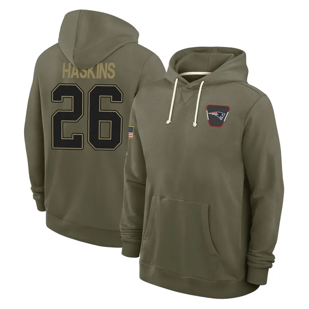 Blackjersey NE.Patriots #26 Hassan Haskins Player Olive Salute to Service Pullover Hoodies Limited Stitched Jerseys