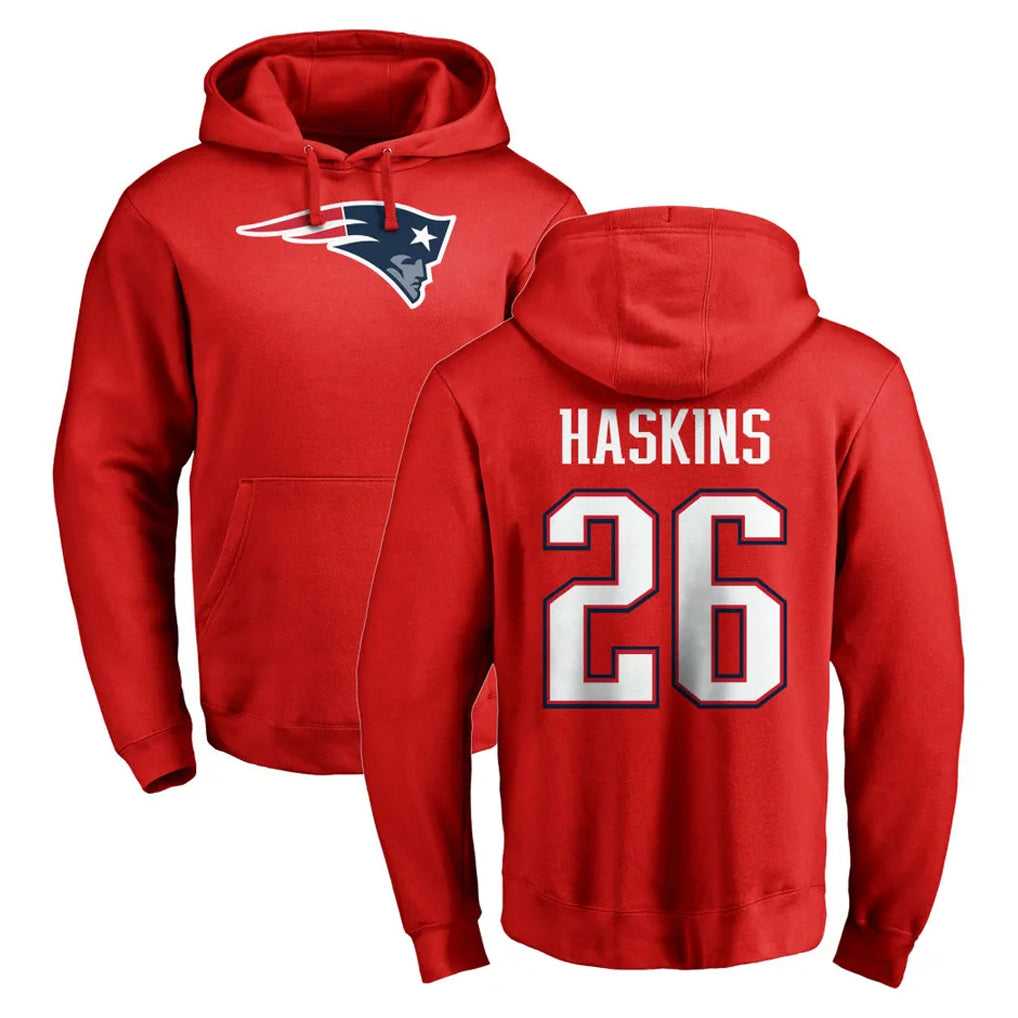 Blackjersey NE.Patriots #26 Hassan Haskins Player Red LOGO Pullover Hoodies Home Game Stitched Jerseys