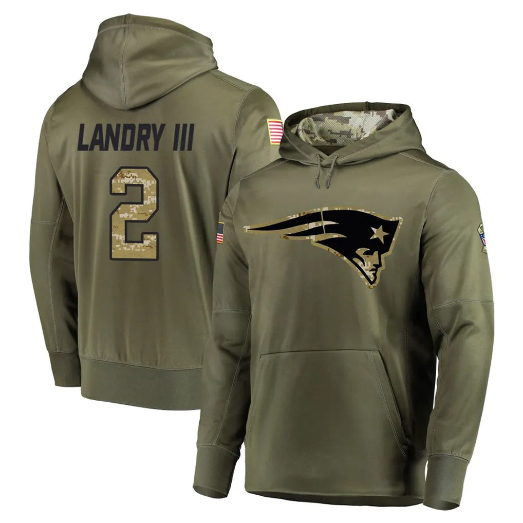 Blackjersey NE.Patriots #2 Harold Landry III Player Olive Salute to Service Pullover Hoodies Home Game Stitched Jerseys