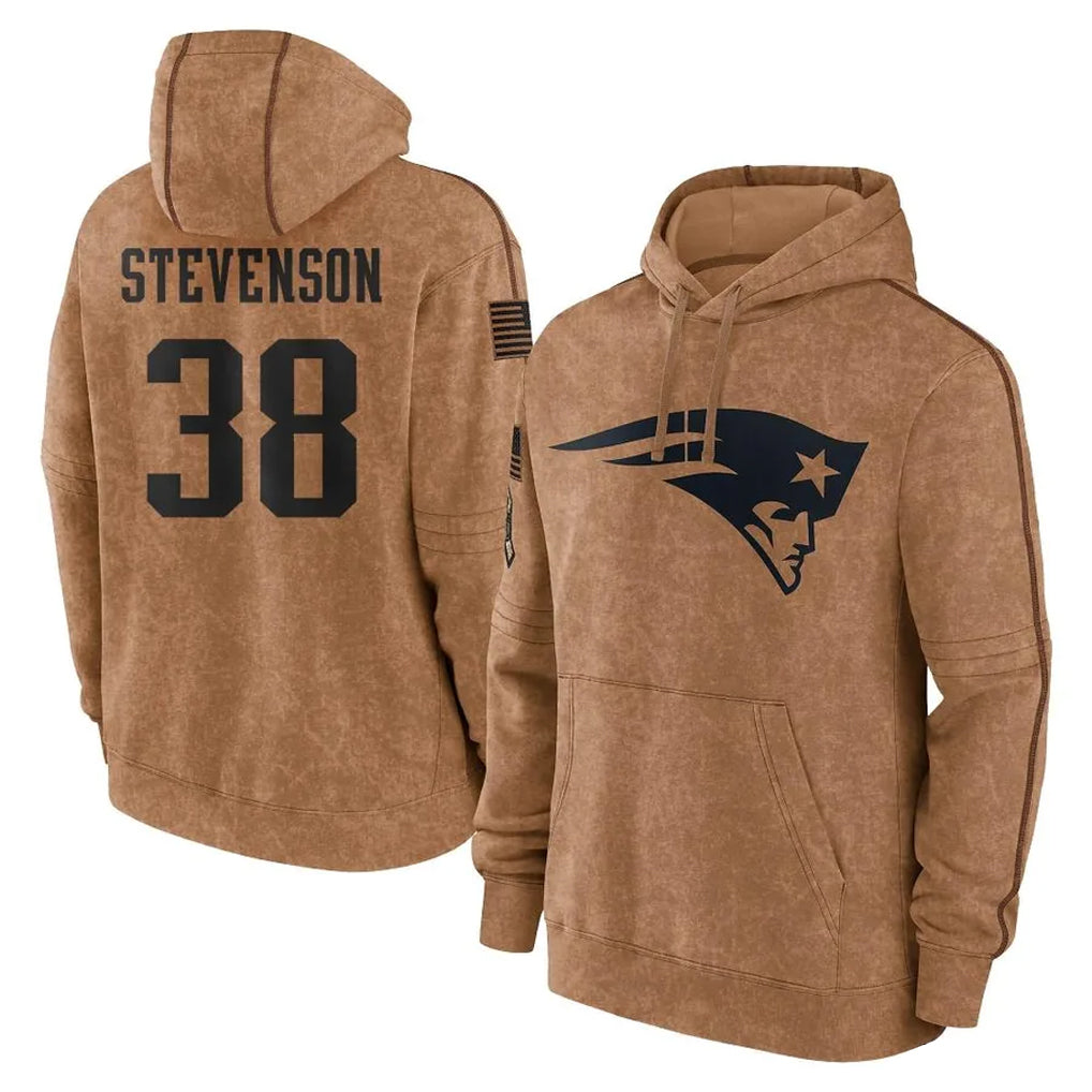 Blackjersey NE.Patriots #38 Rhamondre Stevenson Player Brown Salute to Service Pullover Hoodies Limited Game Stitched Jerseys