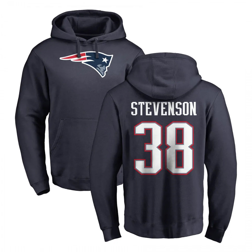 Blackjersey NE.Patriots #38 Rhamondre Stevenson Player Navy LOGO Pullover Hoodies Home Game Stitched Jerseys