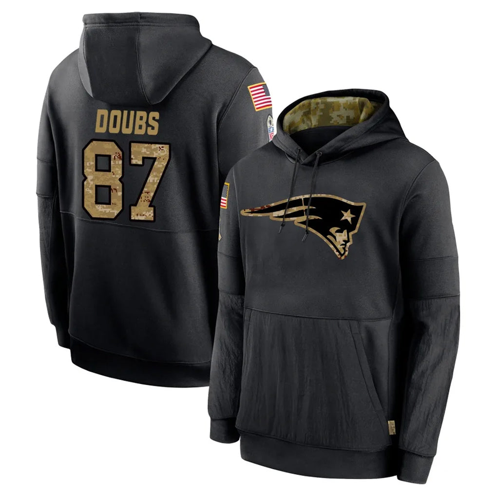 Blackjersey NE.Patriots #87 Romeo Doubs Player Black Salute to Service Hoodies Limited Game Stitched Jerseys