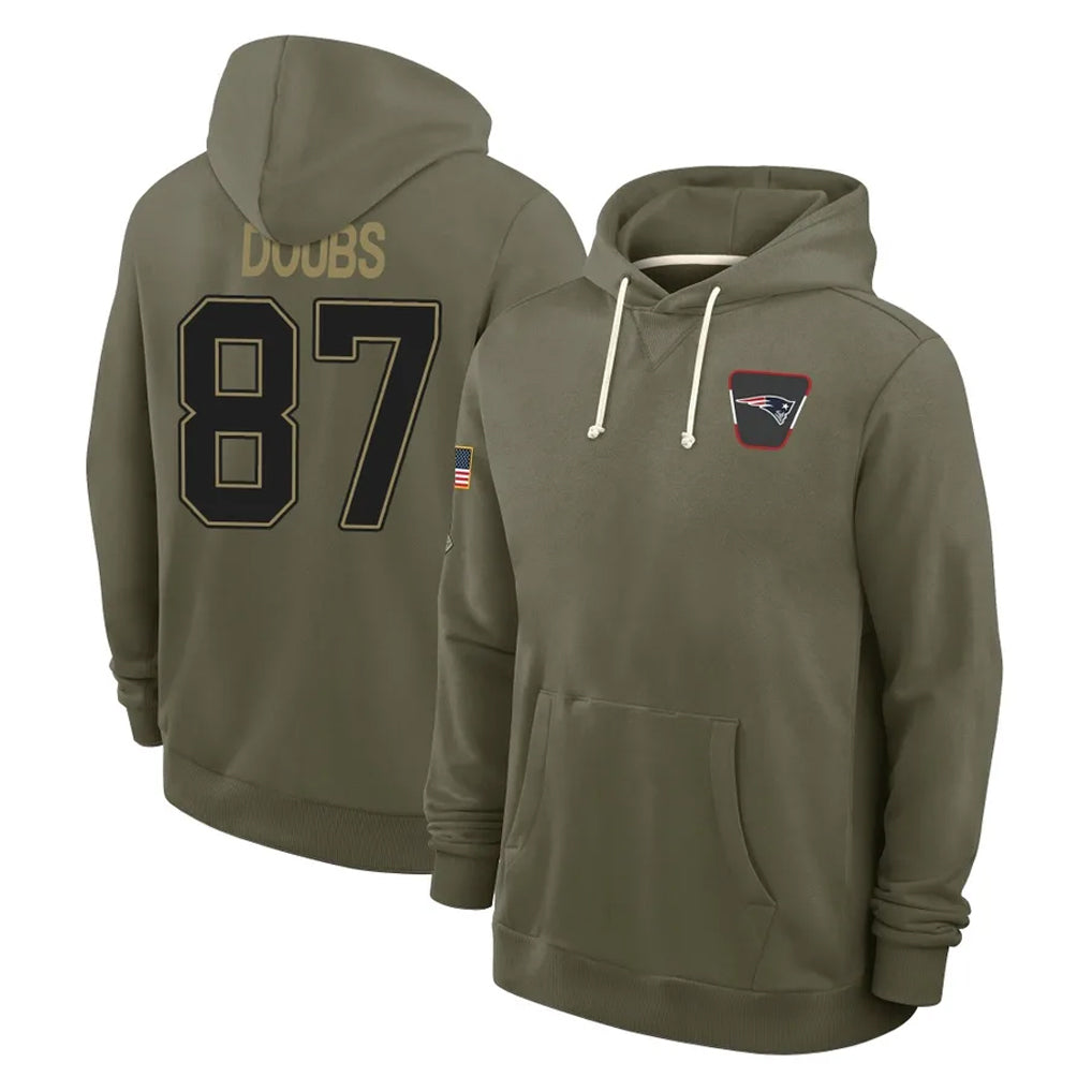 Blackjersey NE.Patriots #87 Romeo Doubs Player Olive Salute to Service Pullover Hoodies Limited Stitched Jerseys