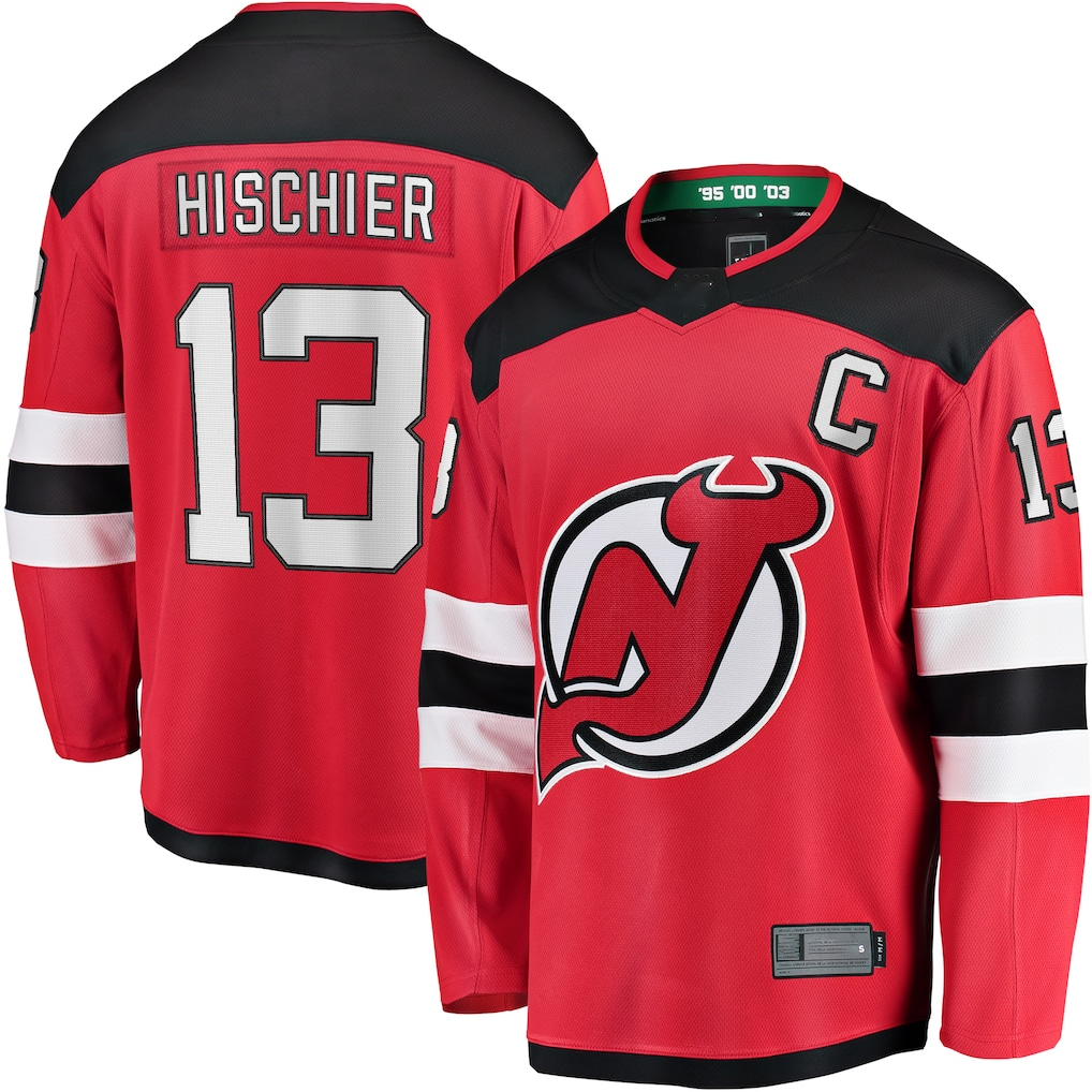 Blackjersey NJ.Devils #13 Nico Hischier Red Captain Patch Home Breakaway Jerseys