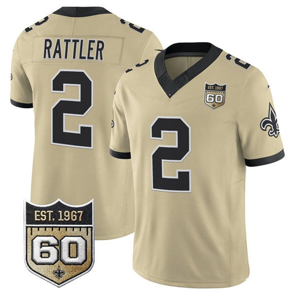 Blackjersey NO.Saints #2 Spencer Rattler Gold 2026 F.U.S.E 60th Anniversary Patch Vapor Limited Football Stitched Jersey