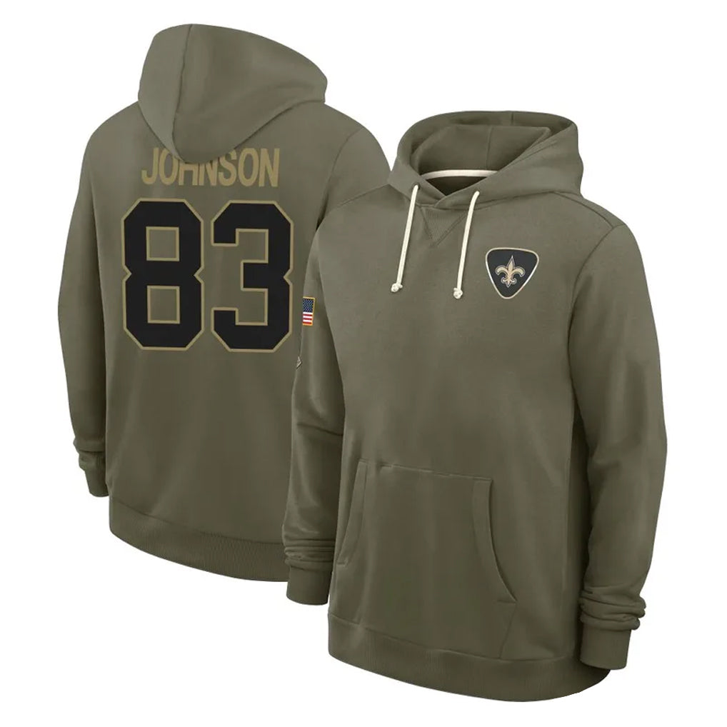 Blackjersey NO.Saints #83 Juwan Johnson Player Olive Salute to Service Pullover Hoodies Limited Stitched Jerseys