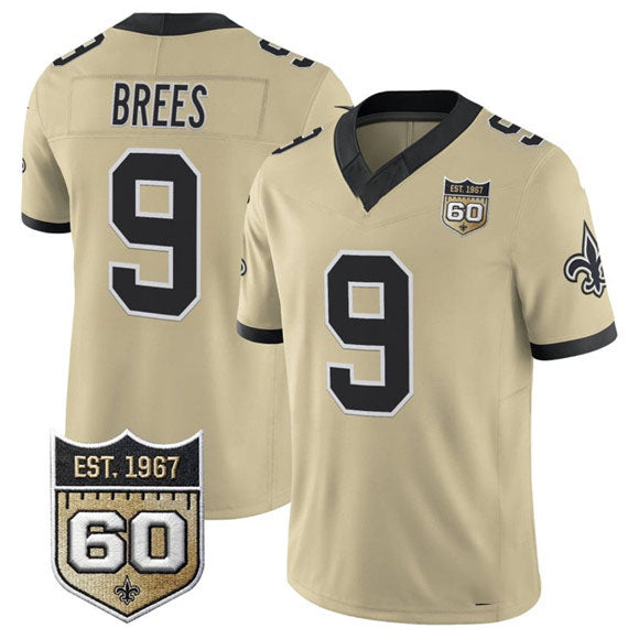 Blackjersey NO.Saints #9 Drew Brees Gold 2026 F.U.S.E 60th Anniversary Patch Vapor Limited Football Stitched Jersey