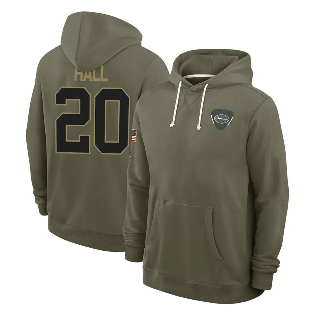 Blackjersey NY.Jets #20 Breece Hall Player Olive Salute to Service Pullover Hoodies Limited Stitched Jerseys