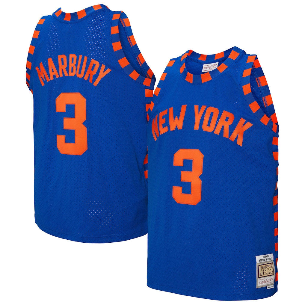 Blackjersey NY.Knicks #3 Stephon Marbury Mitchell & Ness Blue 200506 Hardwood Classics Swingman Jerseys