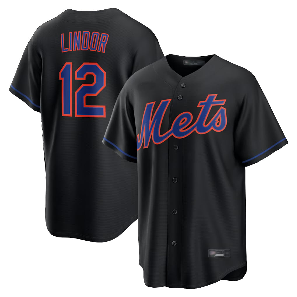 Blackjersey NY.Mets #12 Francisco Lindor Player Black Alternate Home Game Stitched Jerseys