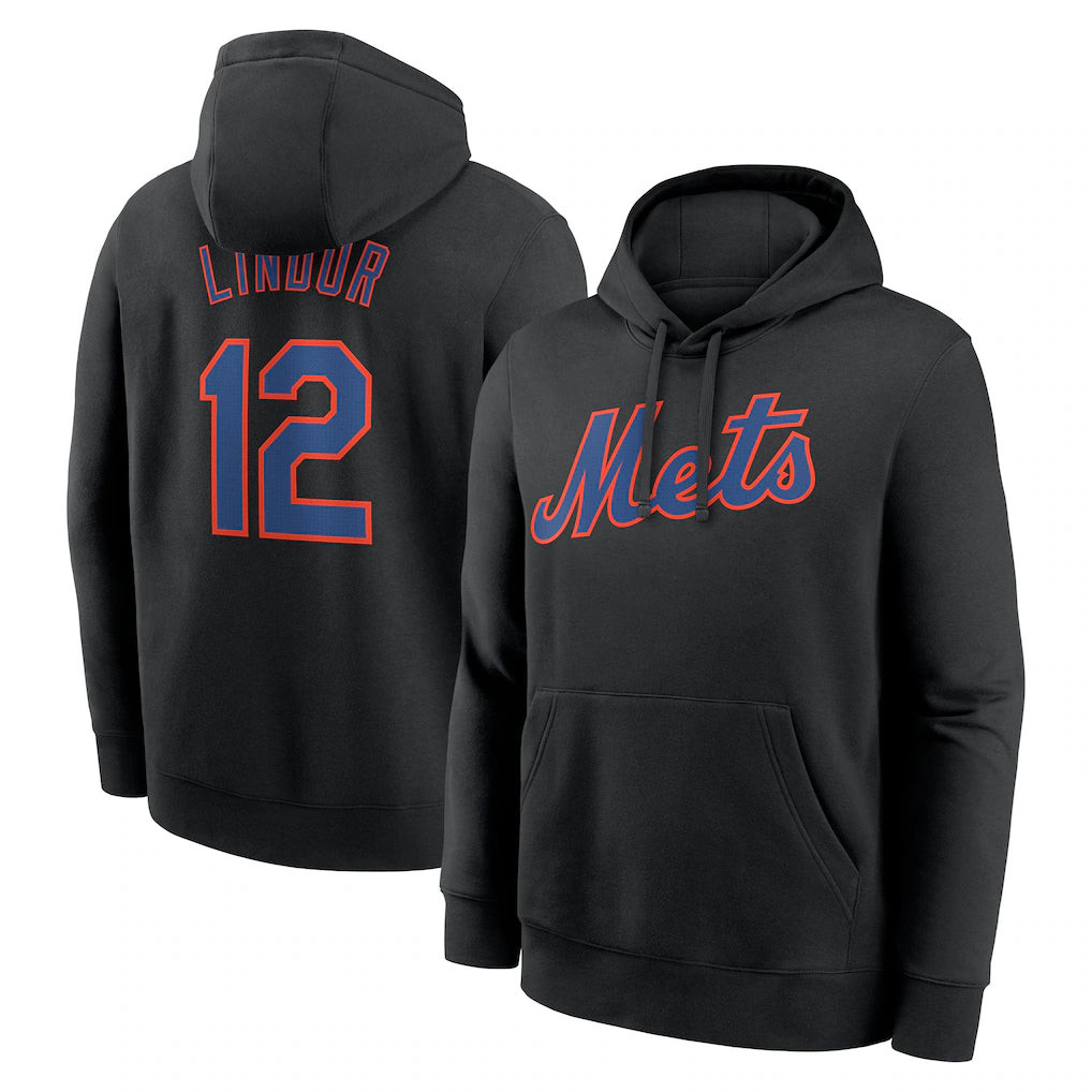 Blackjersey NY.Mets #12 Francisco Lindor Player Black Club Pullover Hoodie Game Stitched Jerseys