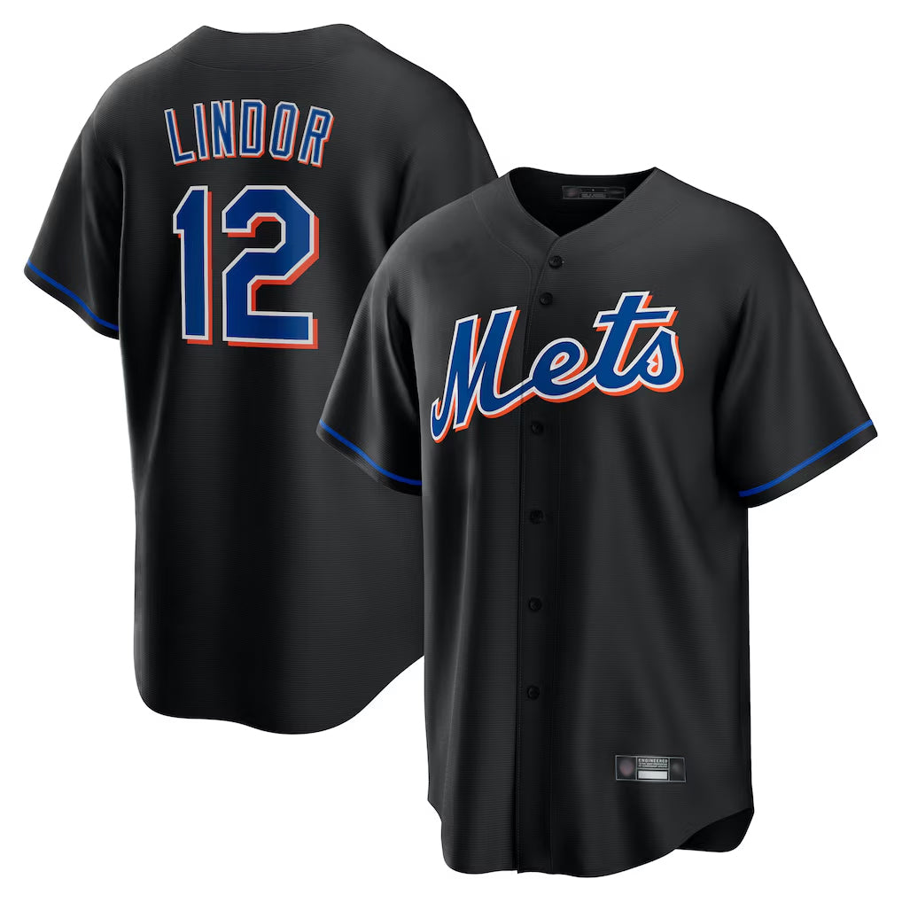 Blackjersey NY.Mets #12 Francisco Lindor Player Black Replica Home Game Stitched Jerseys