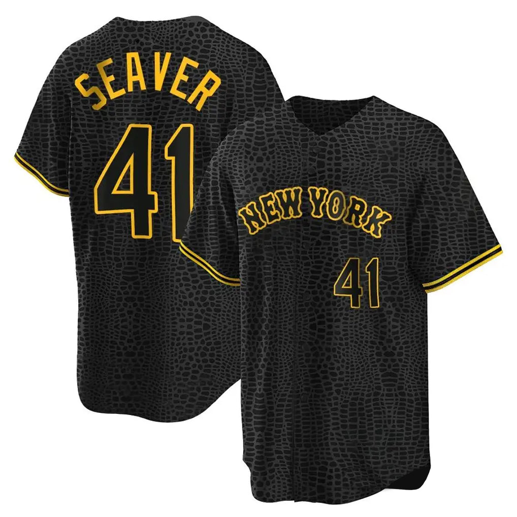 Blackjersey NY.Mets #41 Tom Seaver Player Black Snake Skin City Home Game Stitched Jerseys