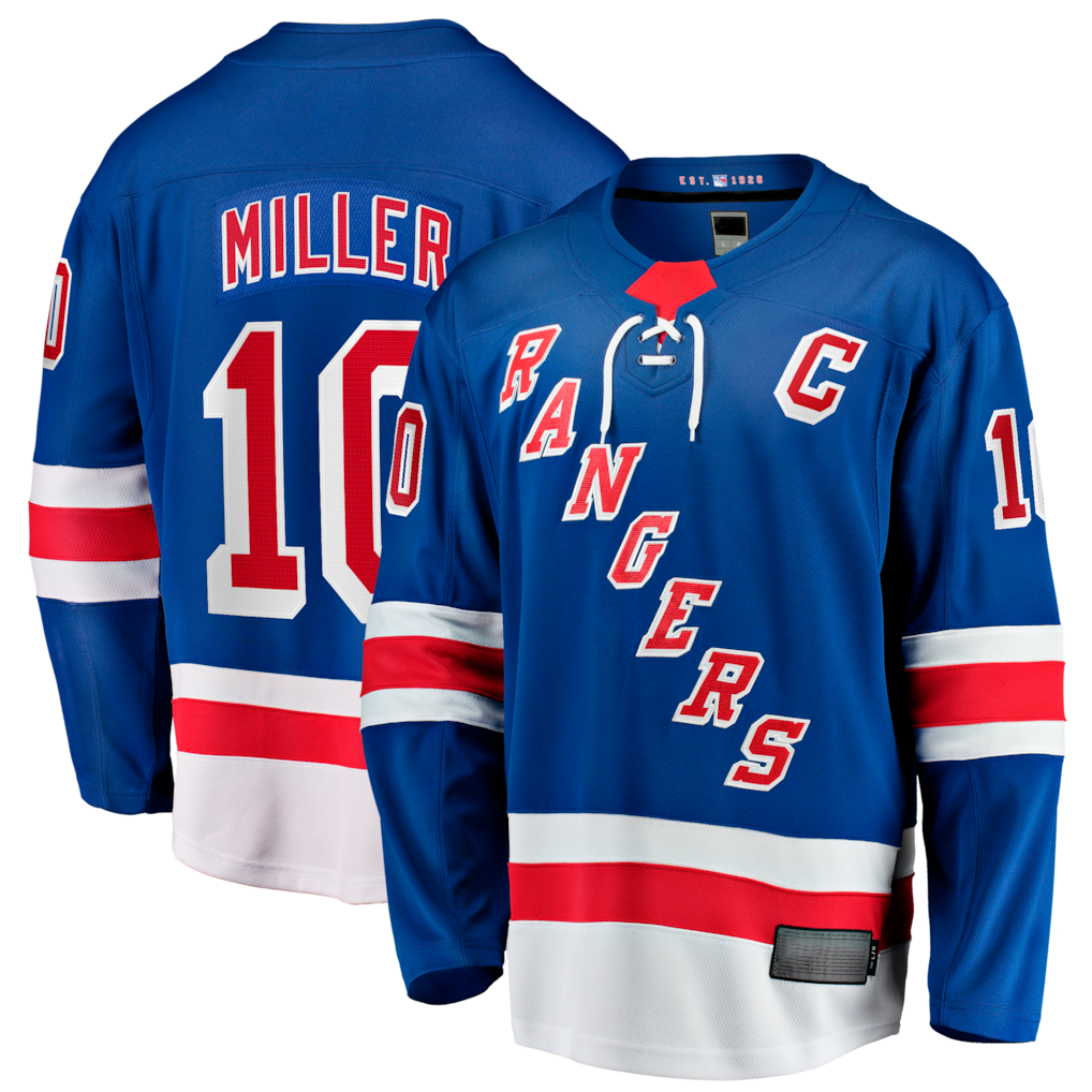 Blackjersey NY.Rangers #10 JT Miller Blue Home Captain's Patch Breakaway Jerseys