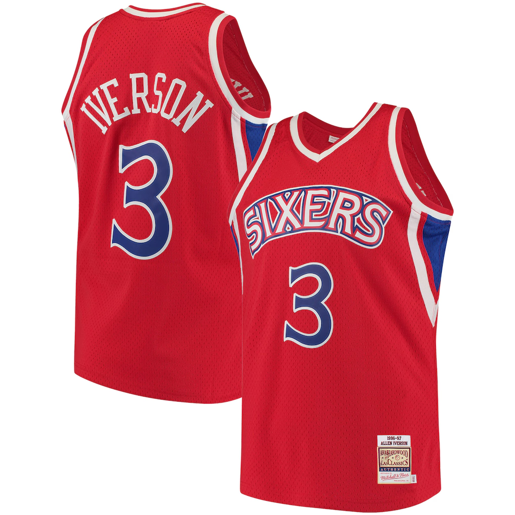 Blackjersey P.76ers #3 Allen Iverson Mitchell & Ness Red 199697 Hardwood Classics Authentic Jerseys