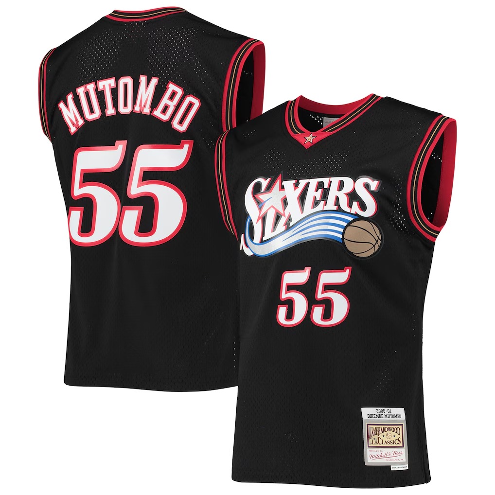 Blackjersey P.76ers #55 Dikembe Mutombo Mitchell & Ness Black Hardwood Classics Swingman Jerseys