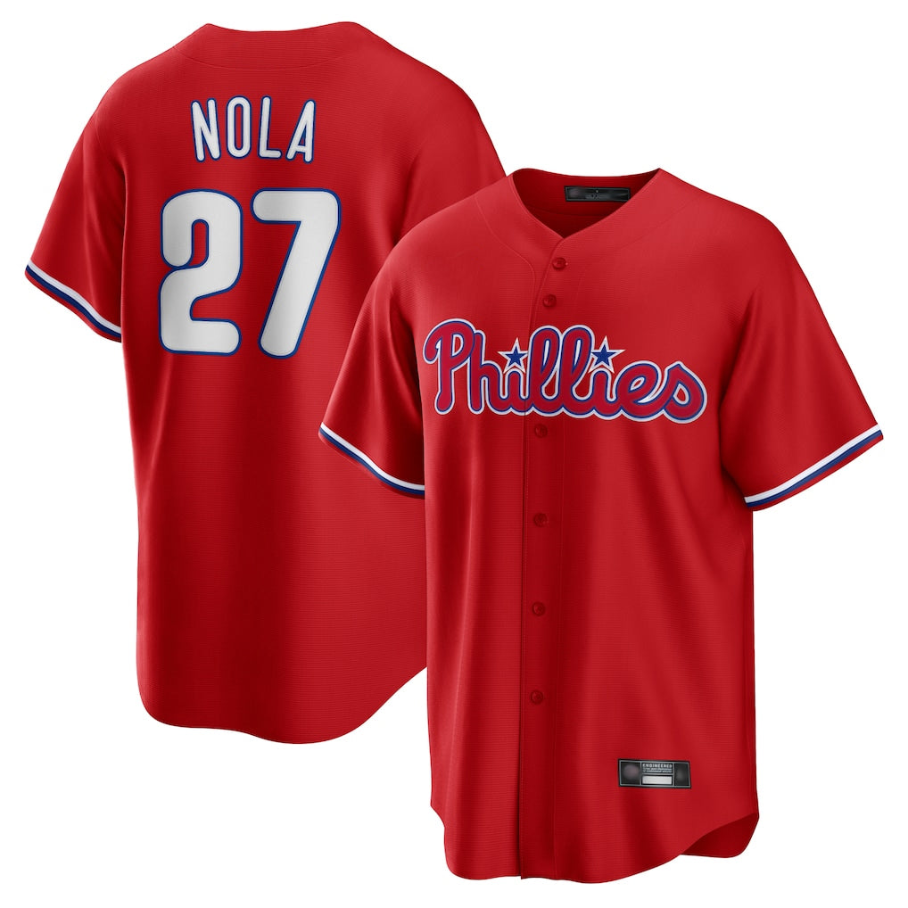 Blackjersey P.Phillies #27 Aaron Nola Player Red Home Game Stitched Jerseys