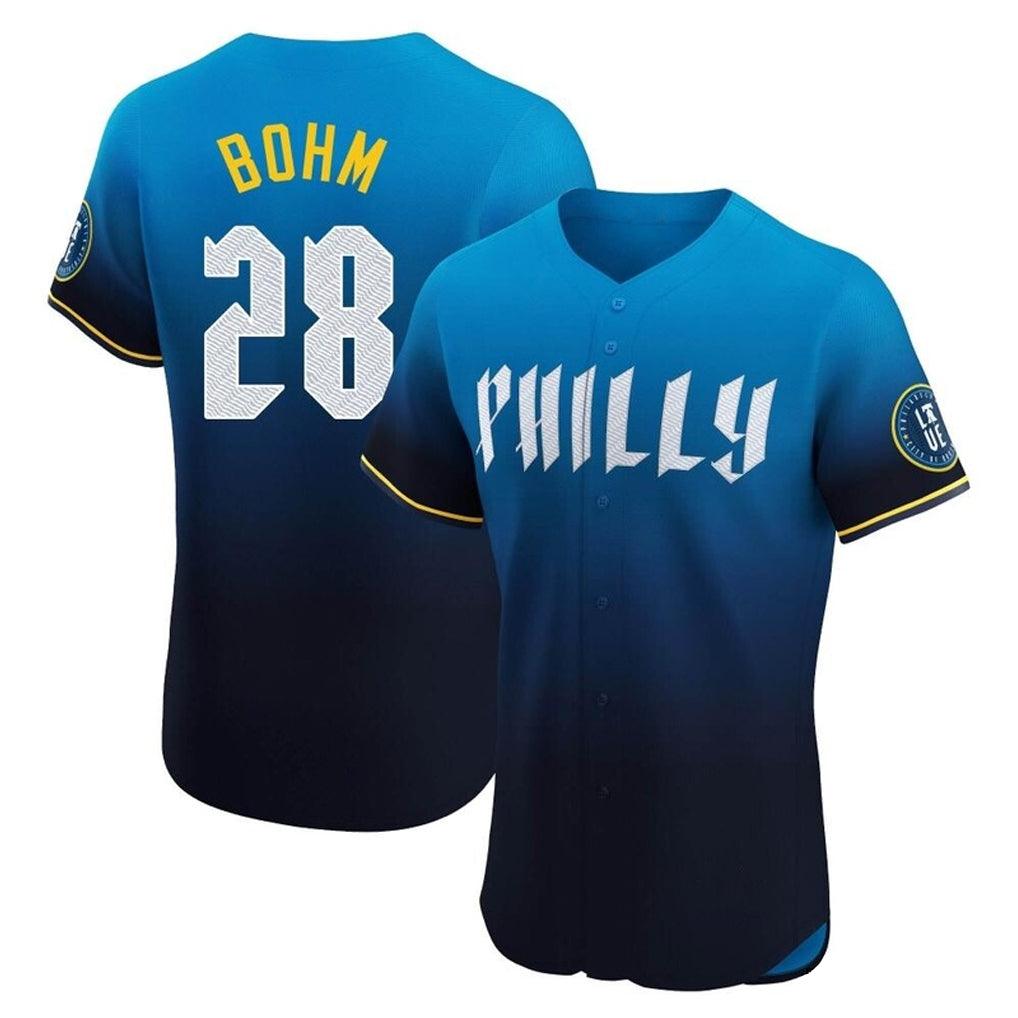 Blackjersey P.Phillies #28 Alec Bohm Player Blue City Connect Home Limited Elite Stitched Jerseys